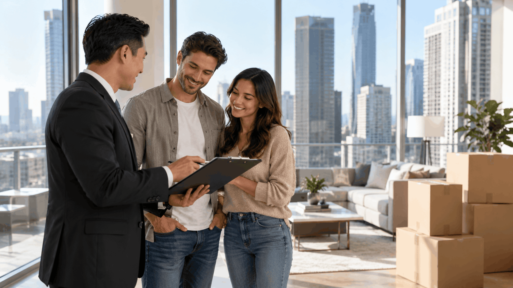 Real estate agent showing moving contract to smiling couple in luxury Century City high-rise