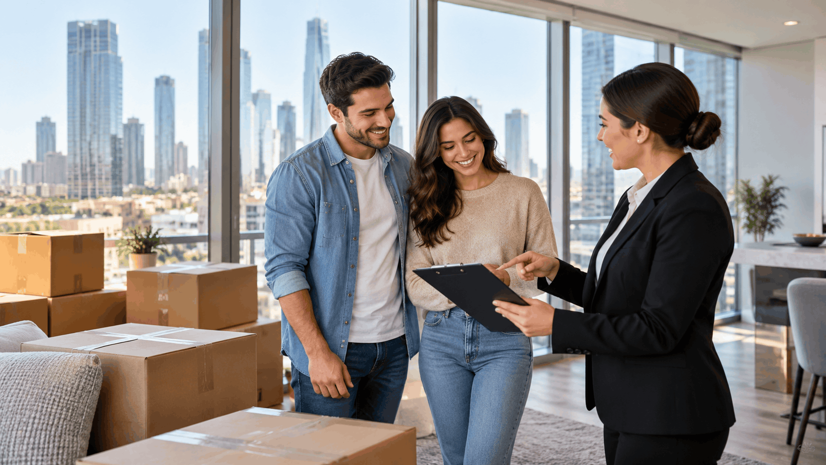 Smiling couple reviewing moving paperwork with real estate agent in Los Angeles high-rise