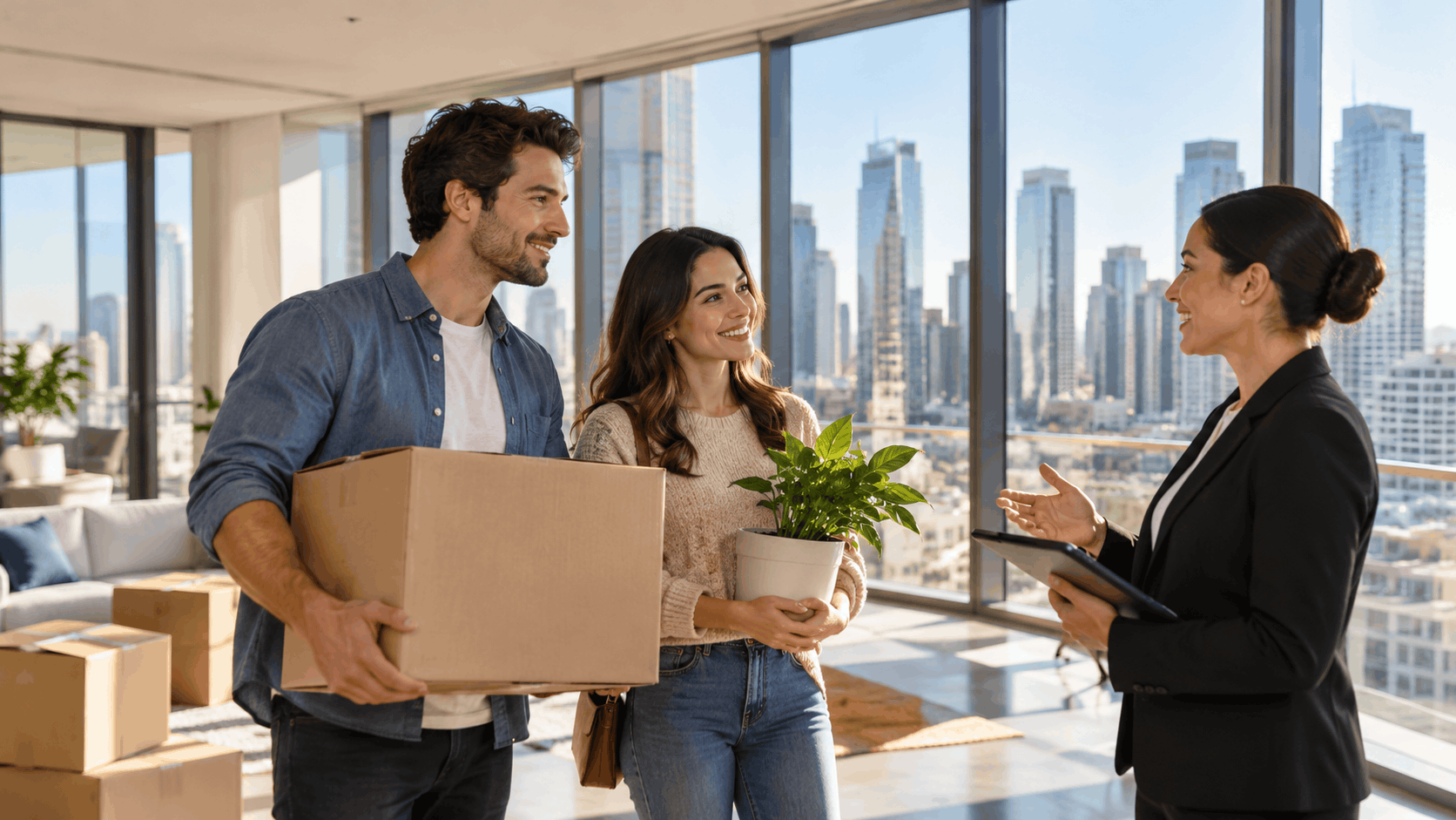Happy couple moving into Los Angeles high-rise apartment with real estate agent