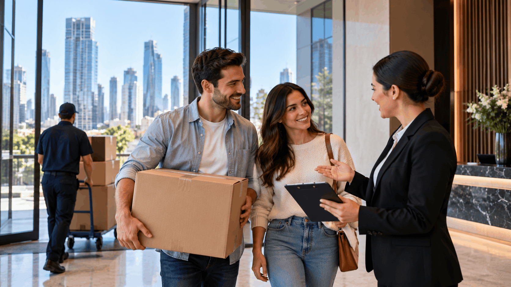 Happy couple moving into Century City high-rise luxury apartment with boxes and property manager
