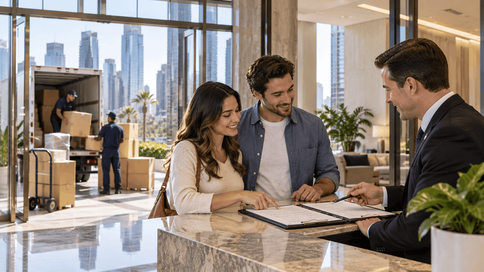 Couple signing moving contract at luxury Century City high-rise lobby with movers unloading boxes