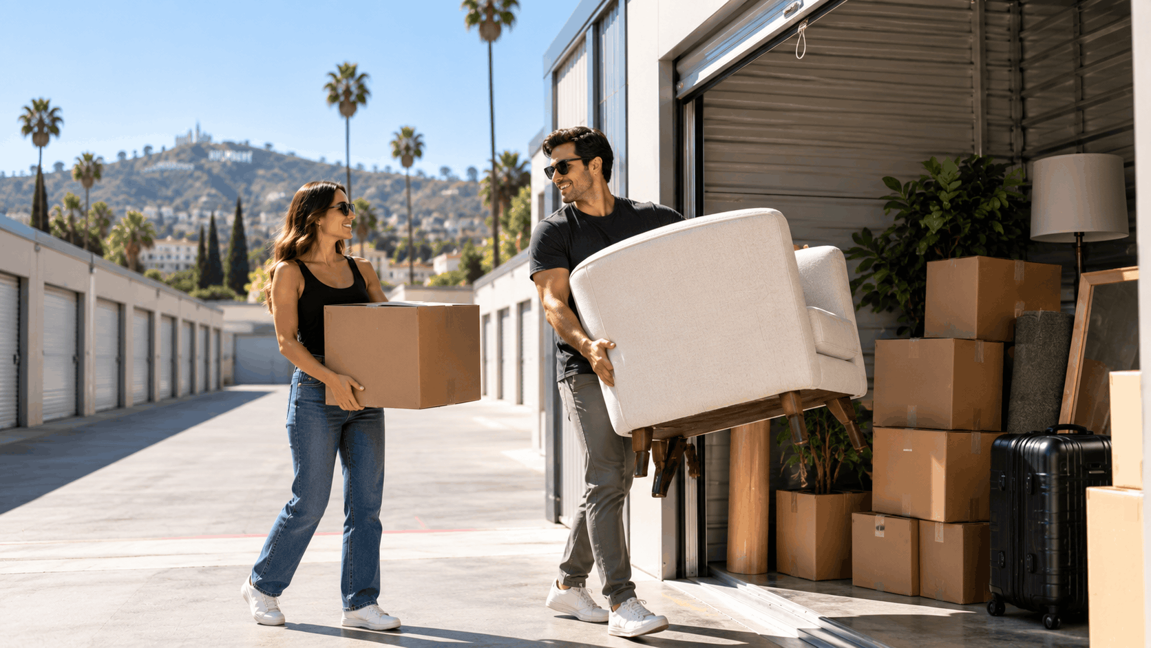 Couple moving boxes and chair into outdoor storage unit in Los Angeles