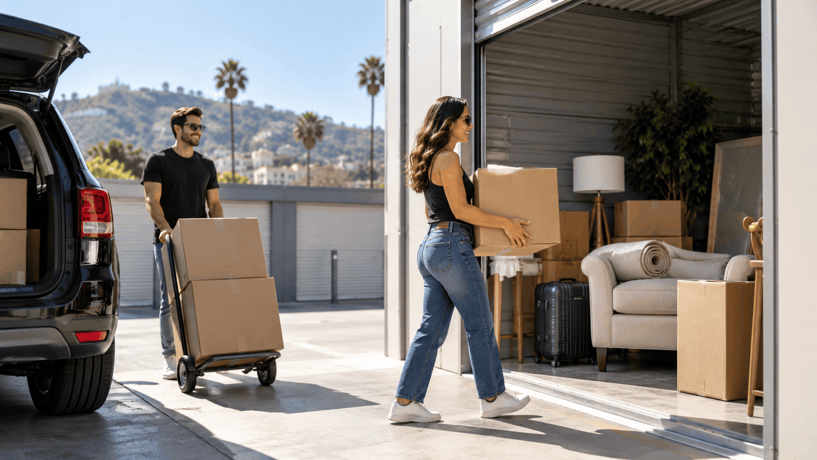 Couple loading cardboard boxes into Los Angeles storage unit from SUV