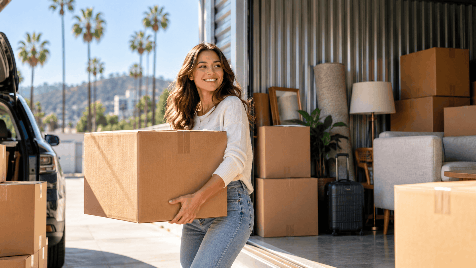Smiling woman carrying cardboard box into Los Angeles storage unit while moving