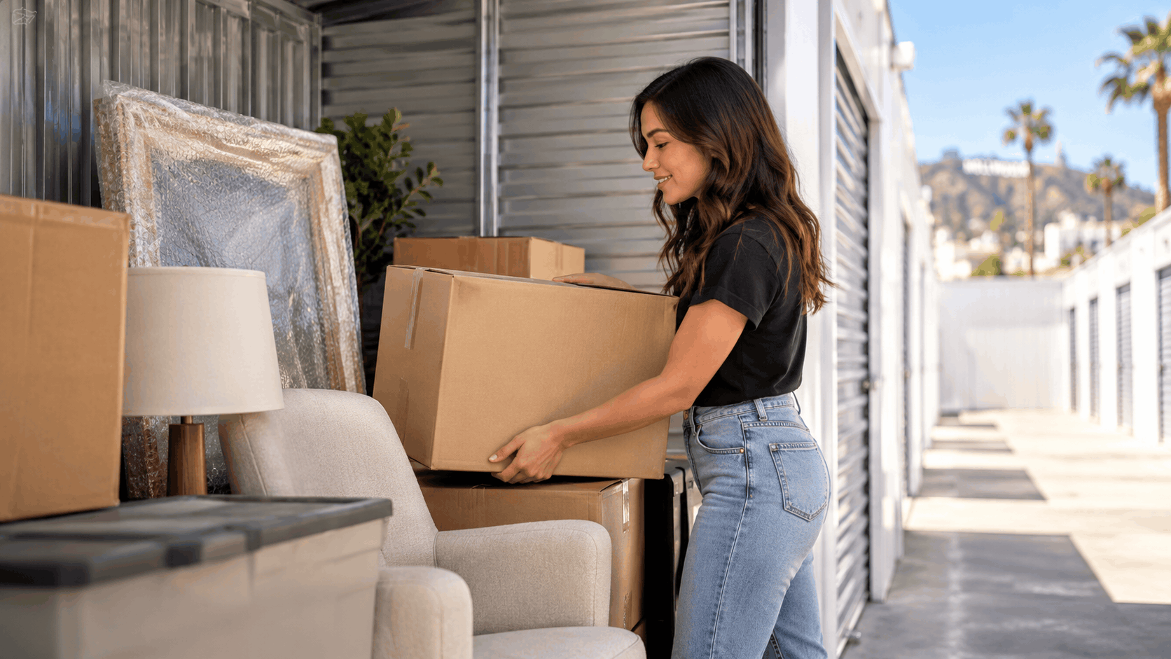 Woman loading cardboard boxes into outdoor self-storage unit in Los Angeles