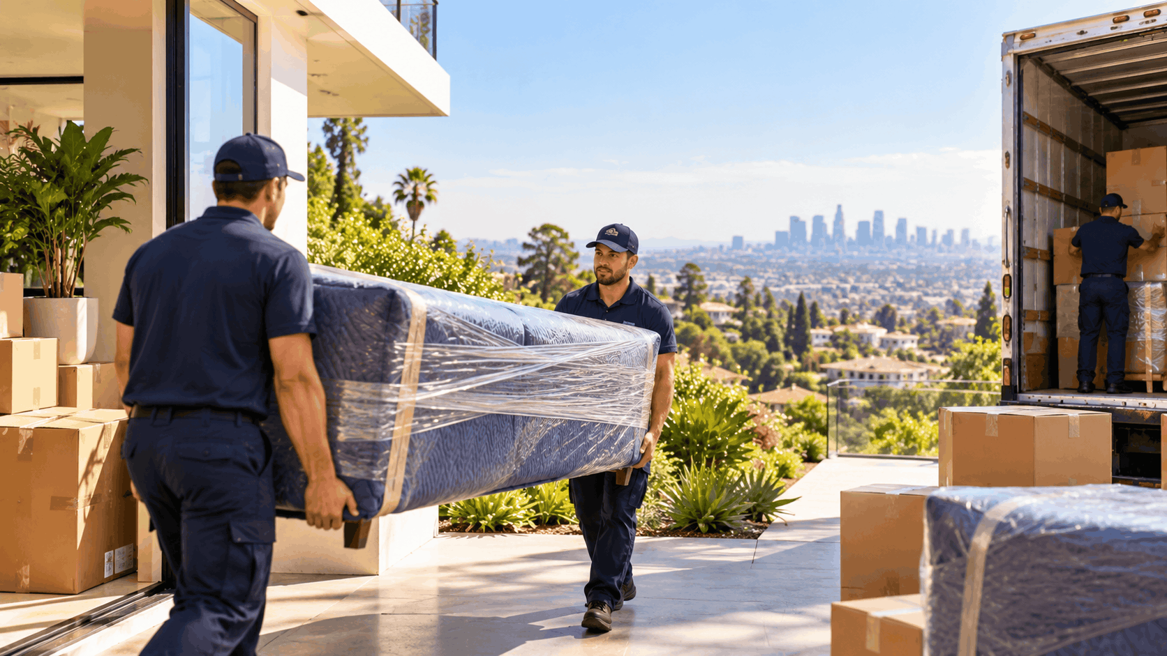 Professional movers carrying wrapped mattress outside luxury Los Feliz hillside home with LA skyline