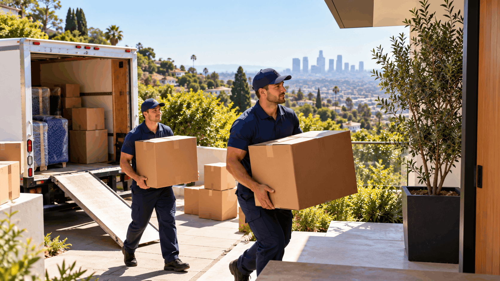 Two professional movers carrying cardboard boxes from moving truck in Los Angeles
