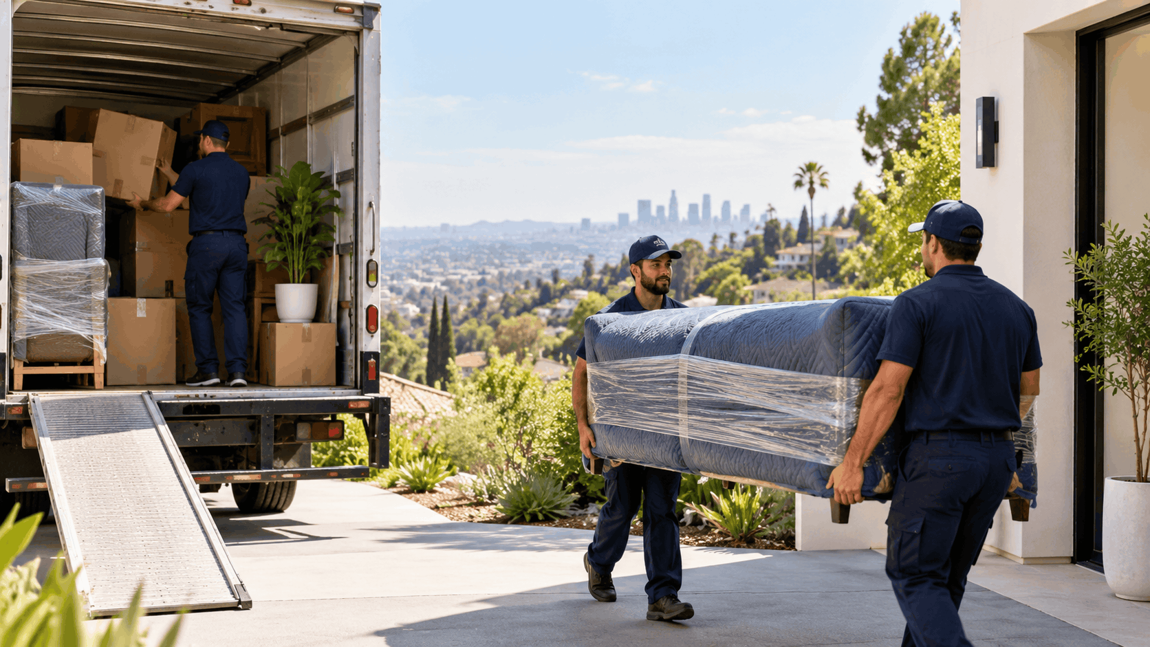 Popeye Moving and Storage crew unloading furniture from truck at Los Feliz hillside home overlooking Los Angeles