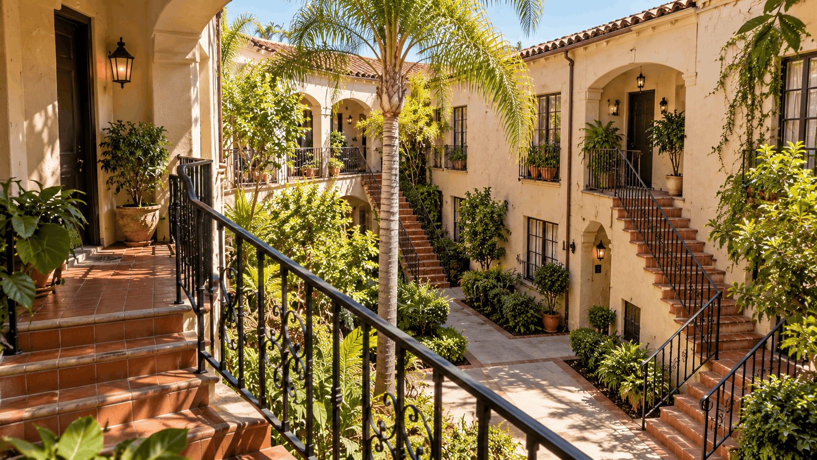 Spanish Colonial courtyard apartment building with palm tree, terracotta stairs, and lush greenery