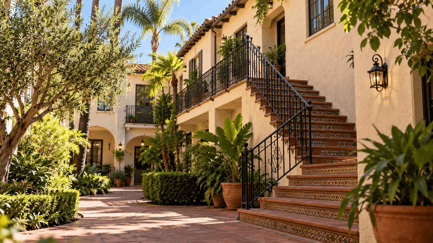 Spanish Colonial mansion staircase with decorative tiles and wrought iron railings Hollywood