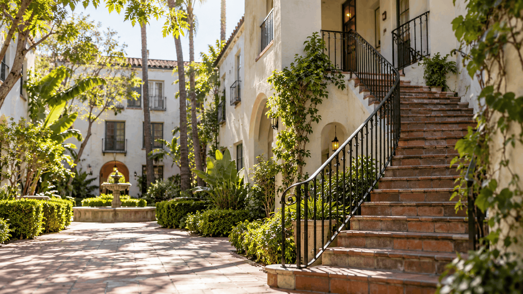 Spanish Colonial courtyard staircase with iron railings and lush greenery in Los Angeles