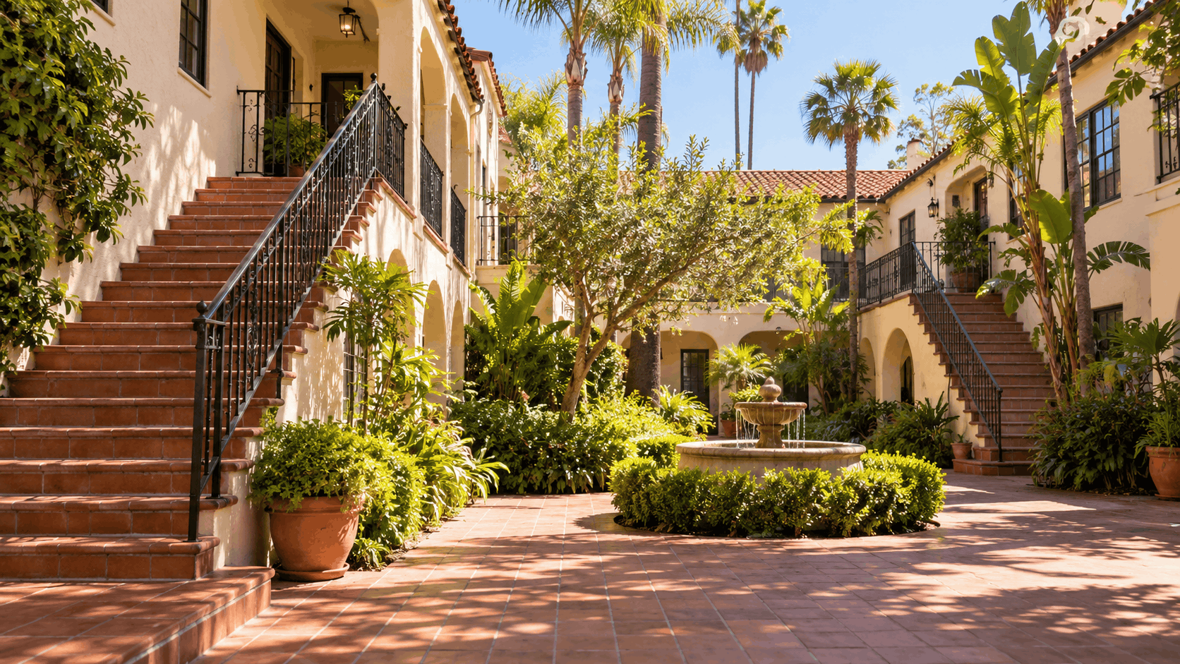 Spanish Colonial courtyard with fountain, terracotta stairs, and lush tropical landscaping