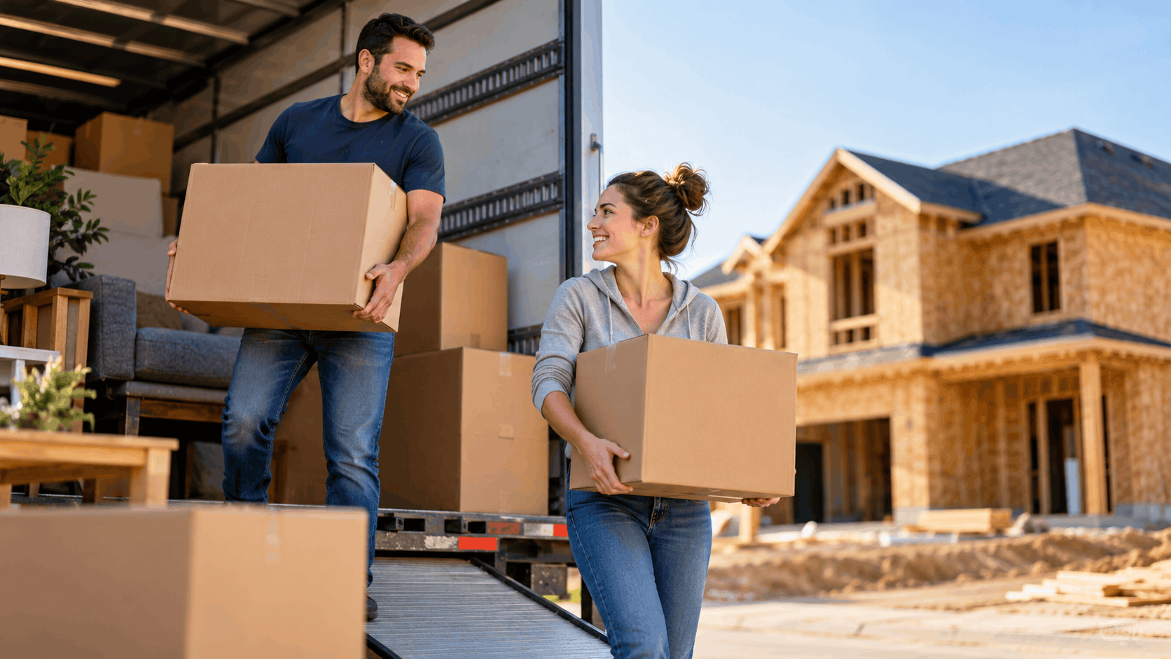 Smiling couple unloading moving boxes from truck near new construction home