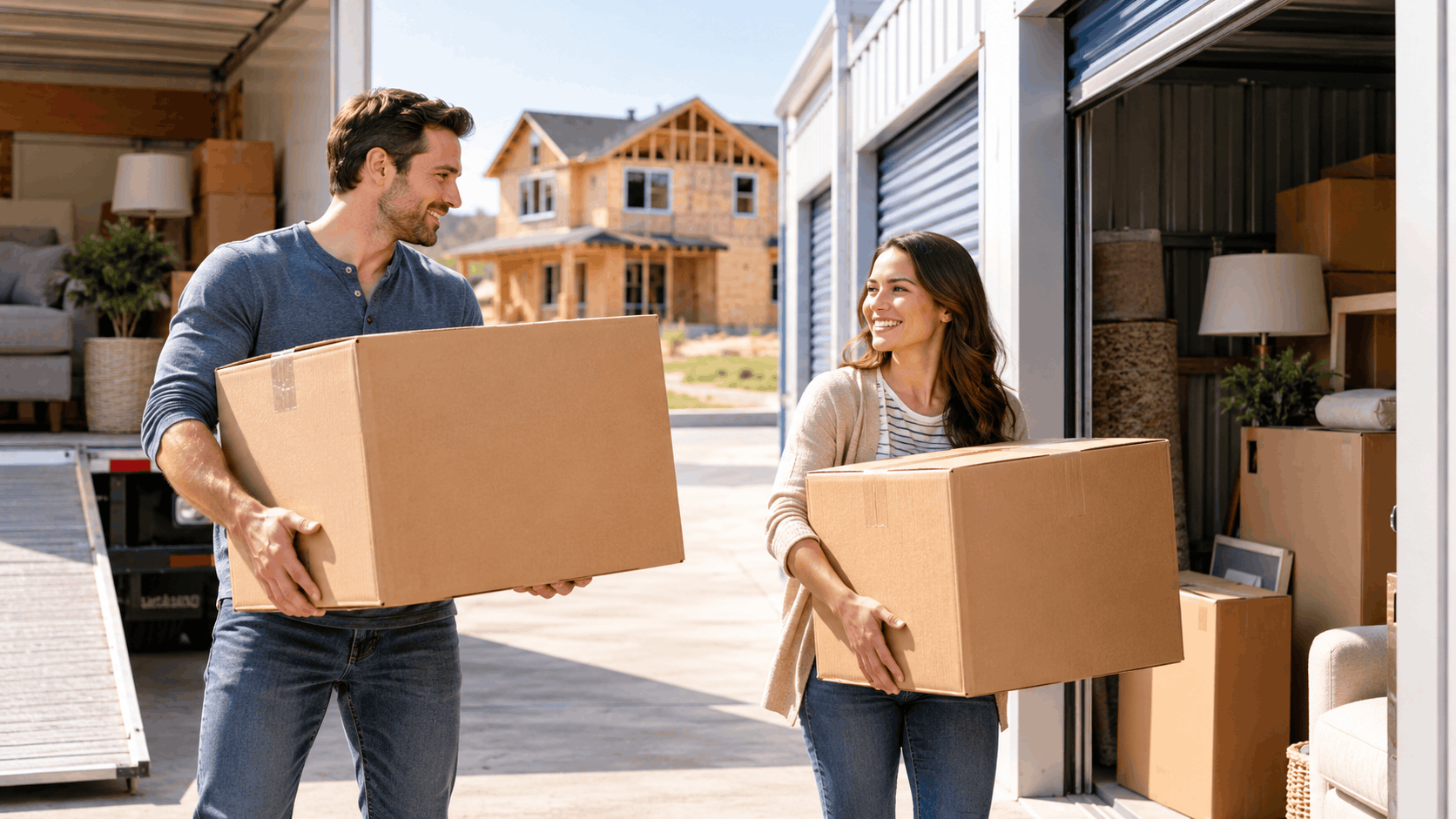 Smiling couple carrying cardboard boxes into storage unit from moving truck