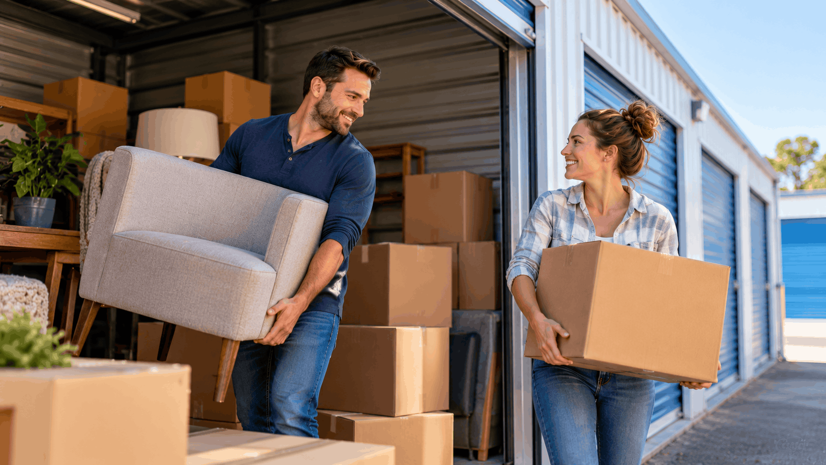 Smiling couple loading furniture and boxes into Los Angeles self-storage unit