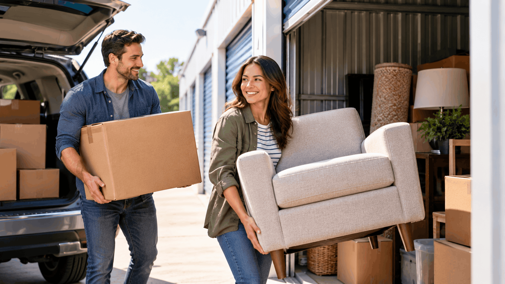 Smiling couple moving boxes and chair into Los Angeles self-storage unit