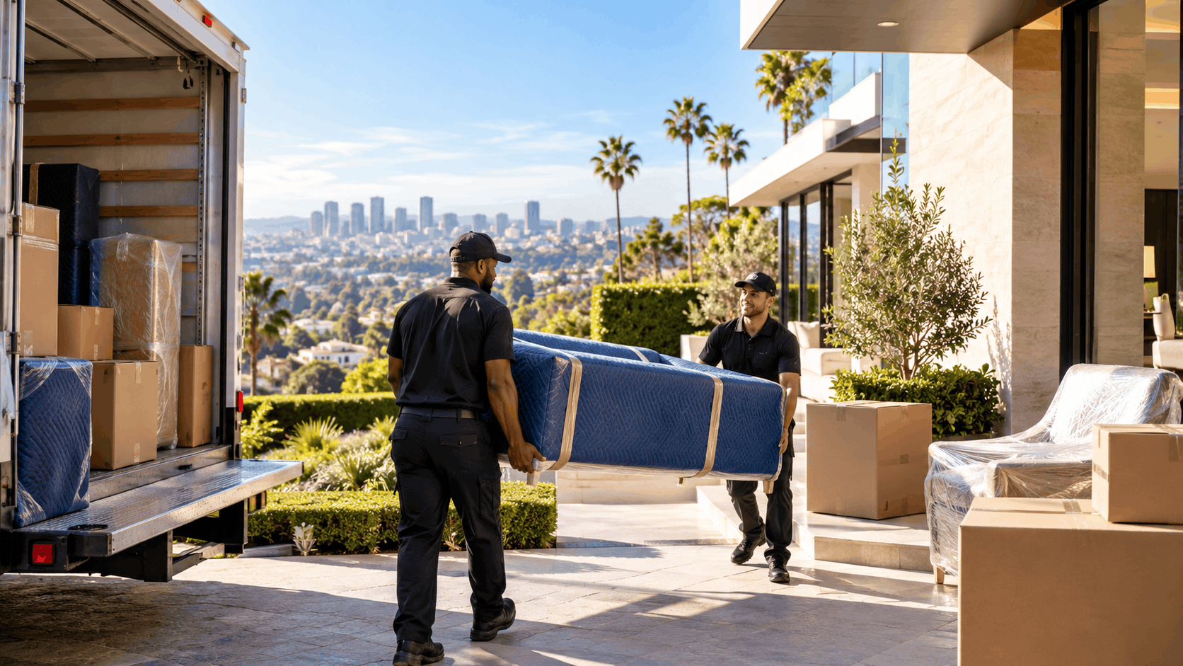 Two professional movers carrying wrapped furniture into Beverly Hills luxury home