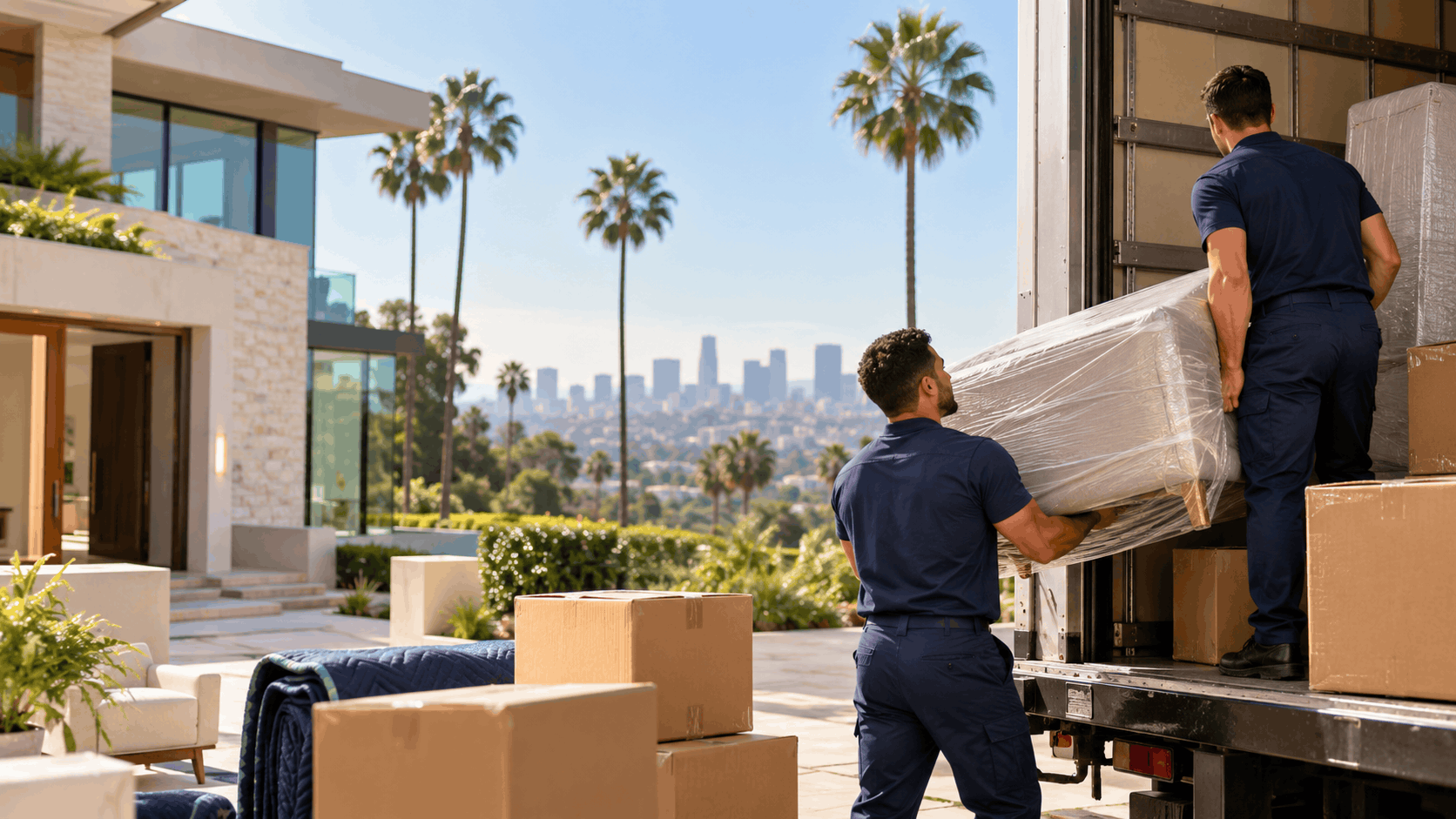 Two professional movers unloading wrapped furniture from truck outside luxury Los Angeles home
