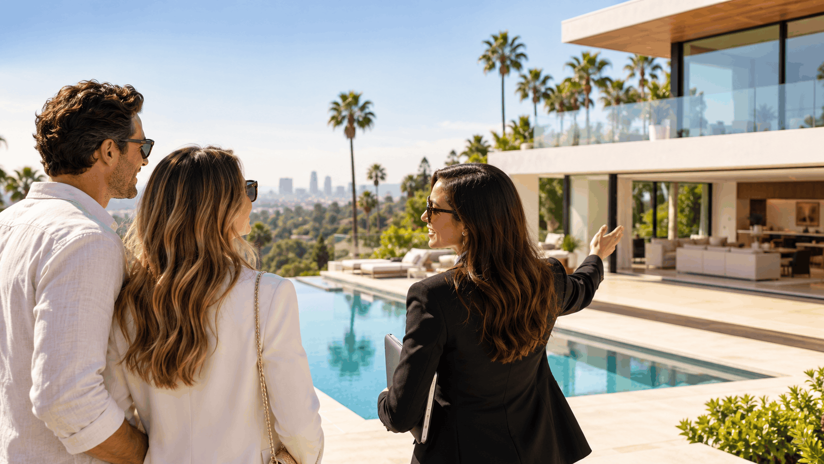 Real estate agent showing luxury Los Angeles home with infinity pool to couple