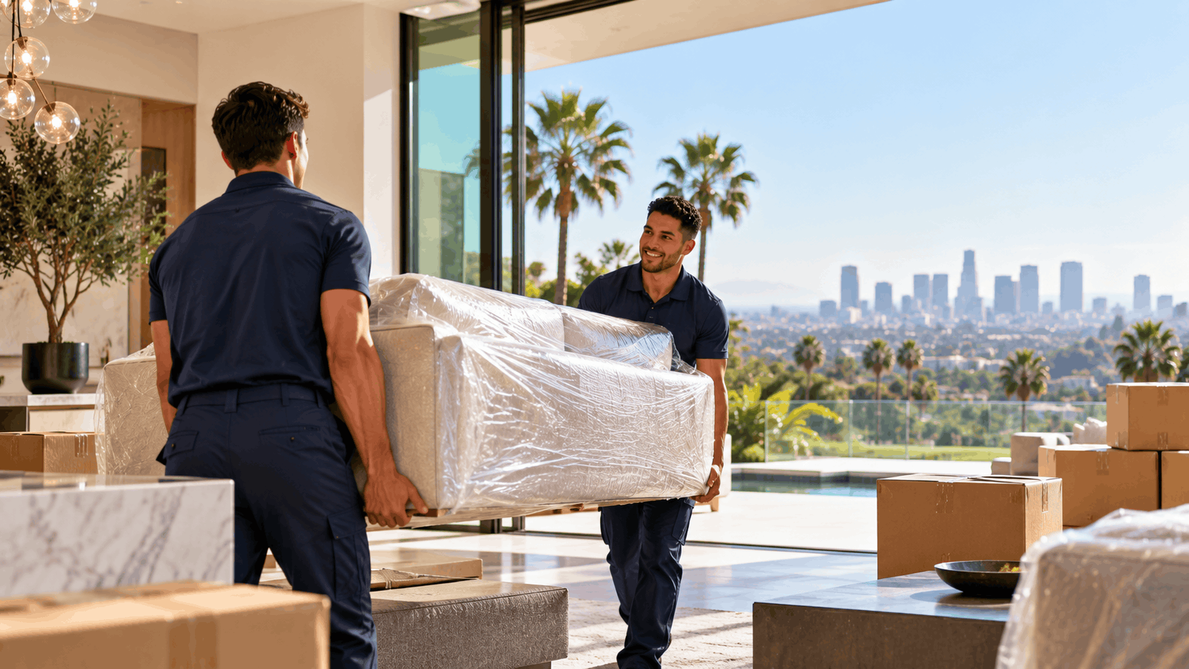 Two professional movers carrying wrapped sofa in luxury Beverly Hills home with LA skyline