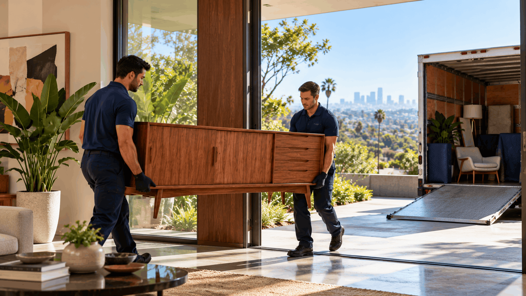 Two professional movers carrying mid-century wooden credenza into luxury Los Angeles home