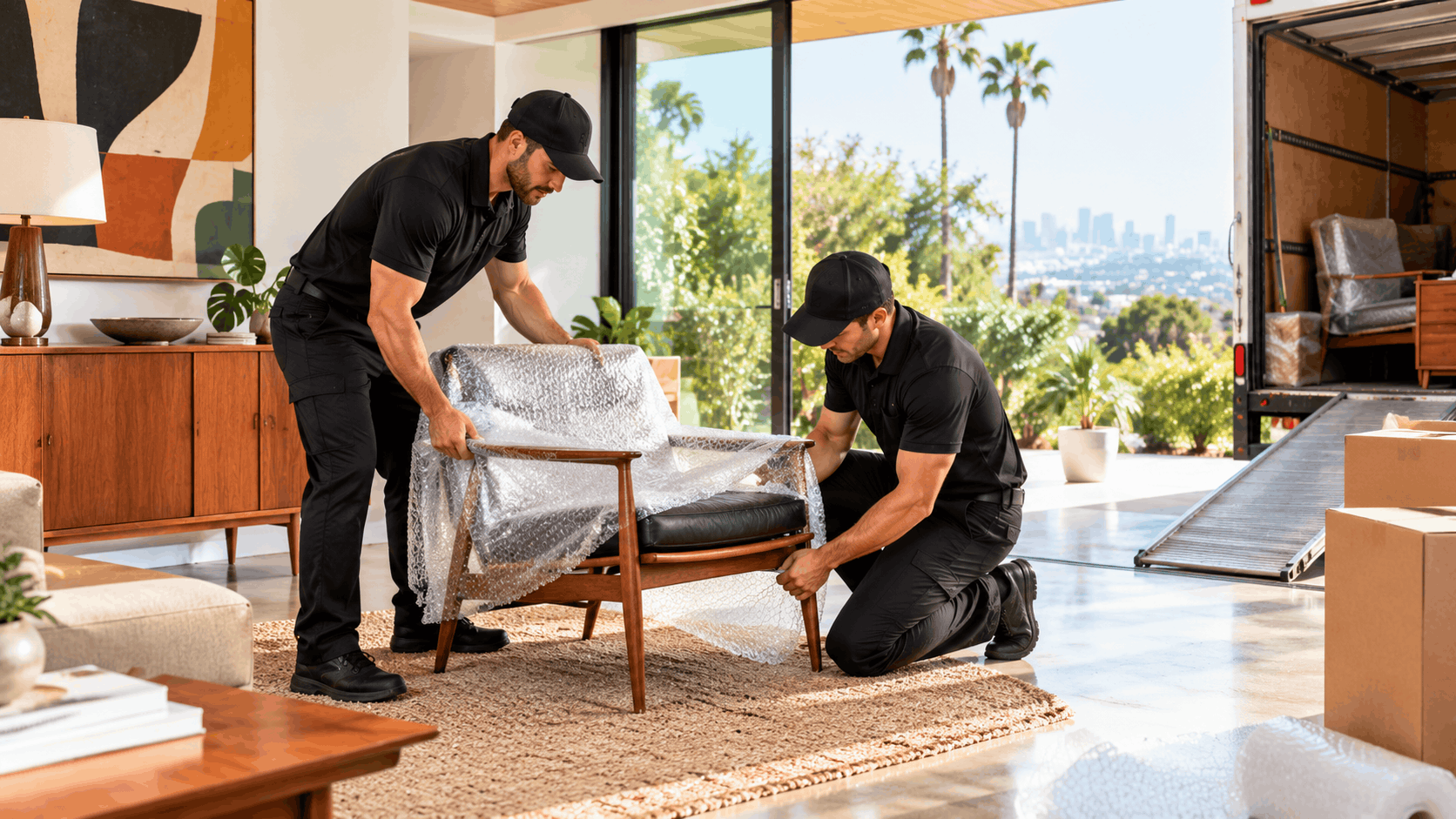 Two professional movers wrapping mid-century modern chair with bubble wrap in Los Angeles home