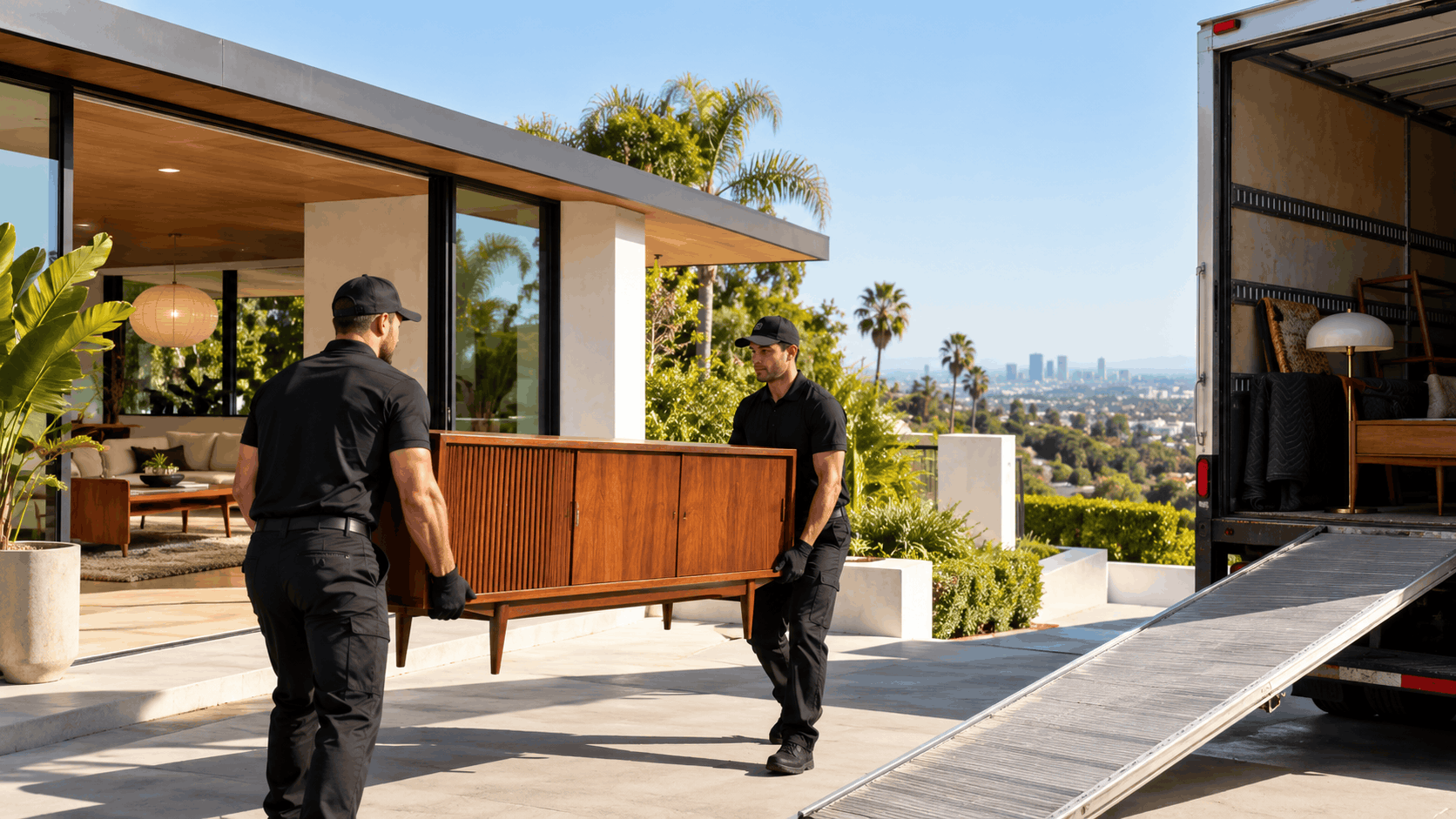 Two Popeye Moving workers carrying mid-century credenza into moving truck at Los Angeles hillside home