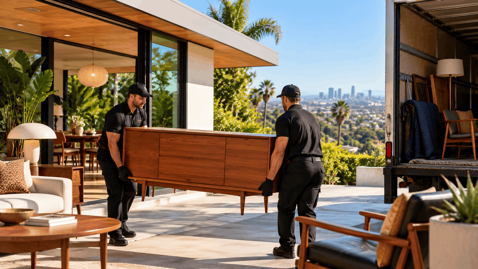 Two movers in black uniforms carrying mid-century modern wooden credenza at Los Angeles hillside estate