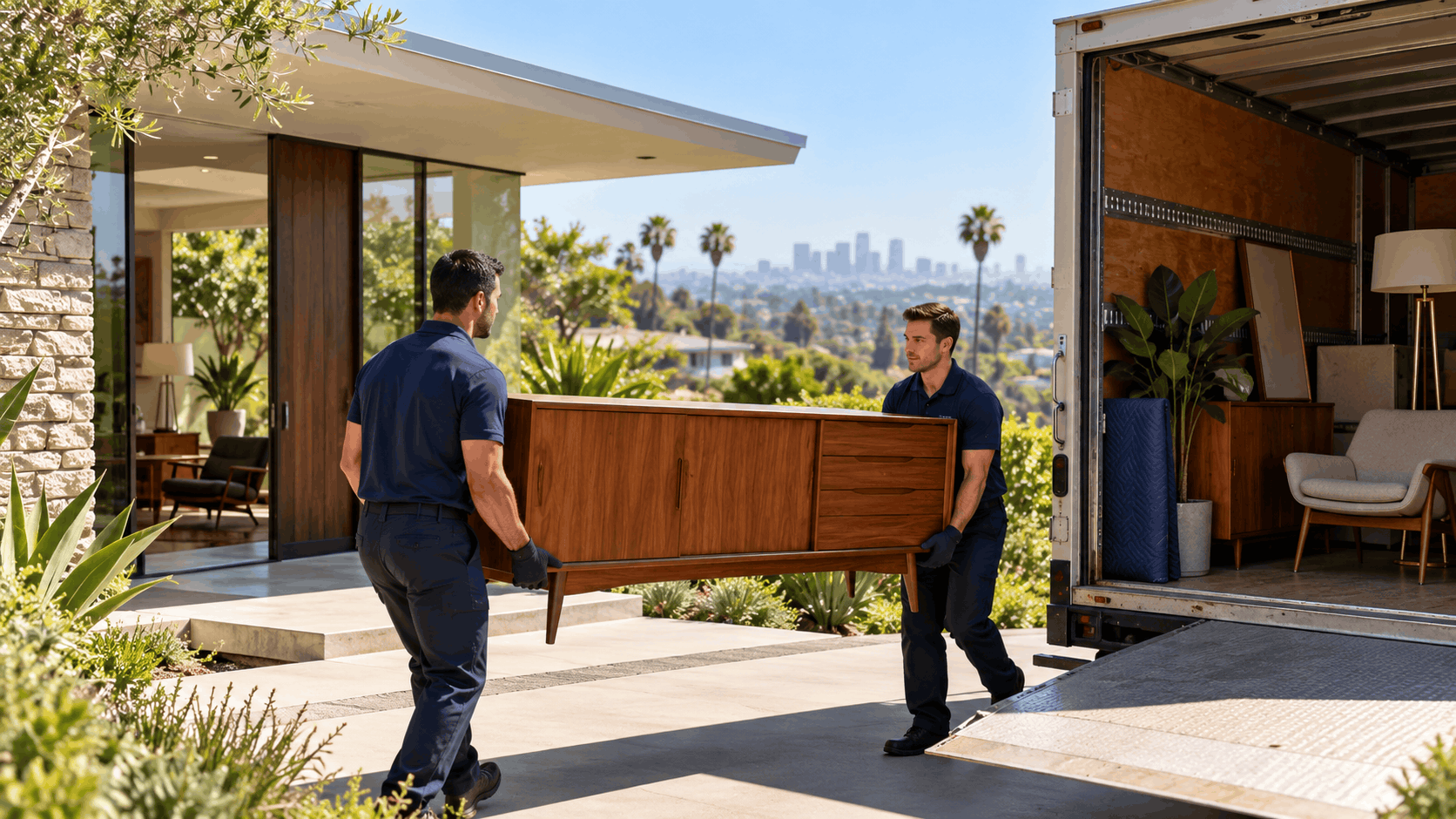 Two professional movers carrying mid-century modern sideboard into luxury Los Angeles hillside home