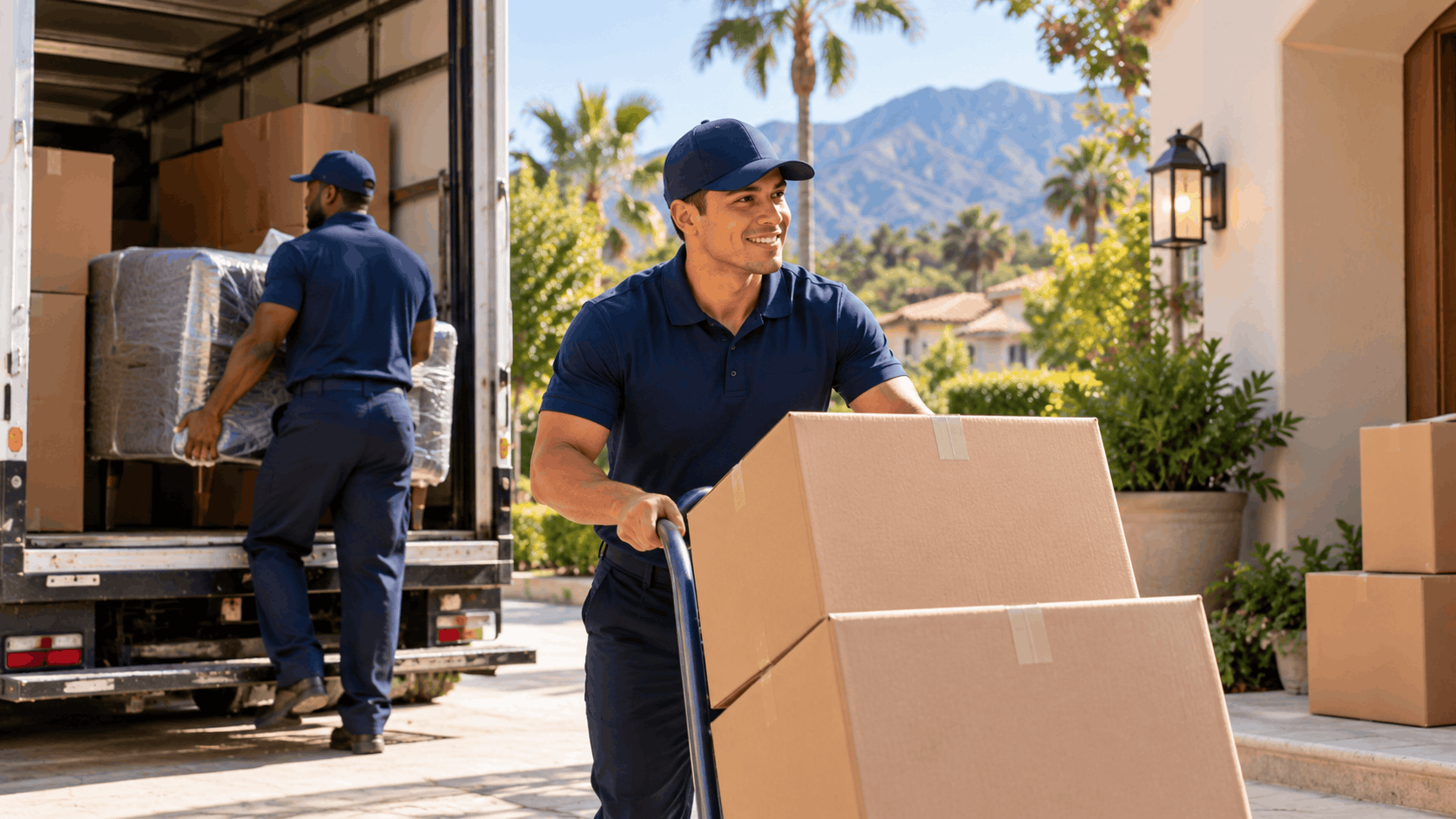 Two professional movers unloading cardboard boxes from moving truck at Pasadena home