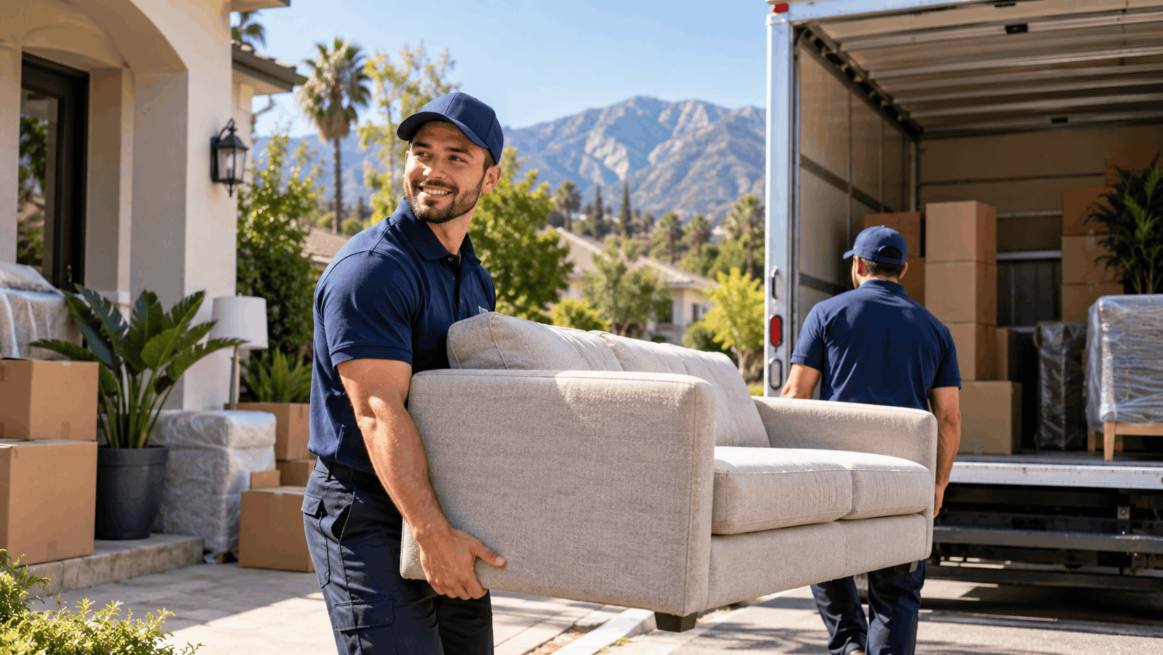 Two professional movers in navy uniforms loading furniture into moving truck in Pasadena