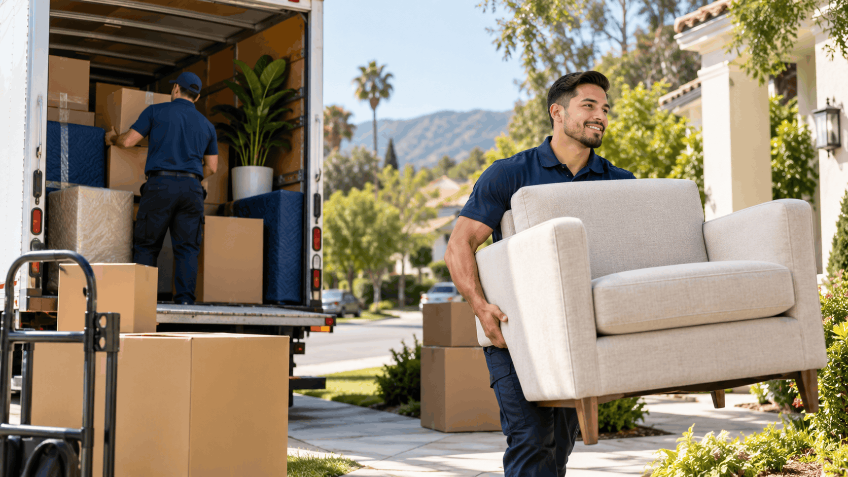 Professional movers unloading furniture and boxes from moving truck in Pasadena neighborhood