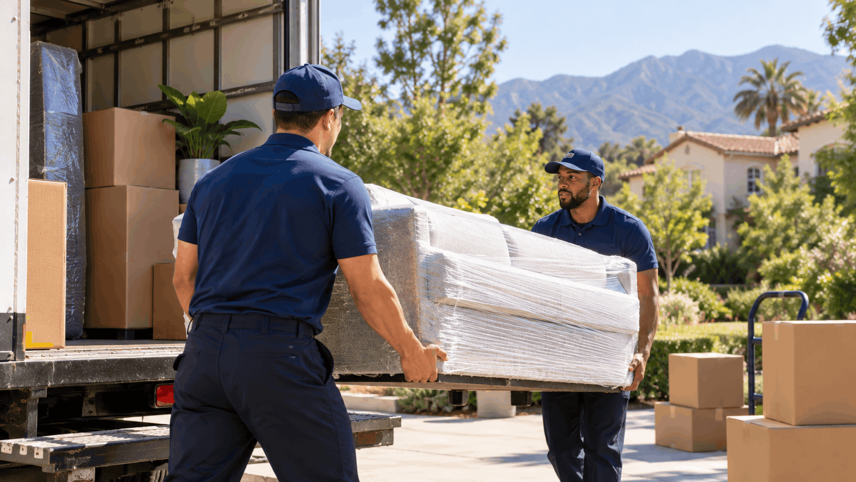 Two professional movers in blue uniforms loading wrapped sofa into moving truck Los Angeles
