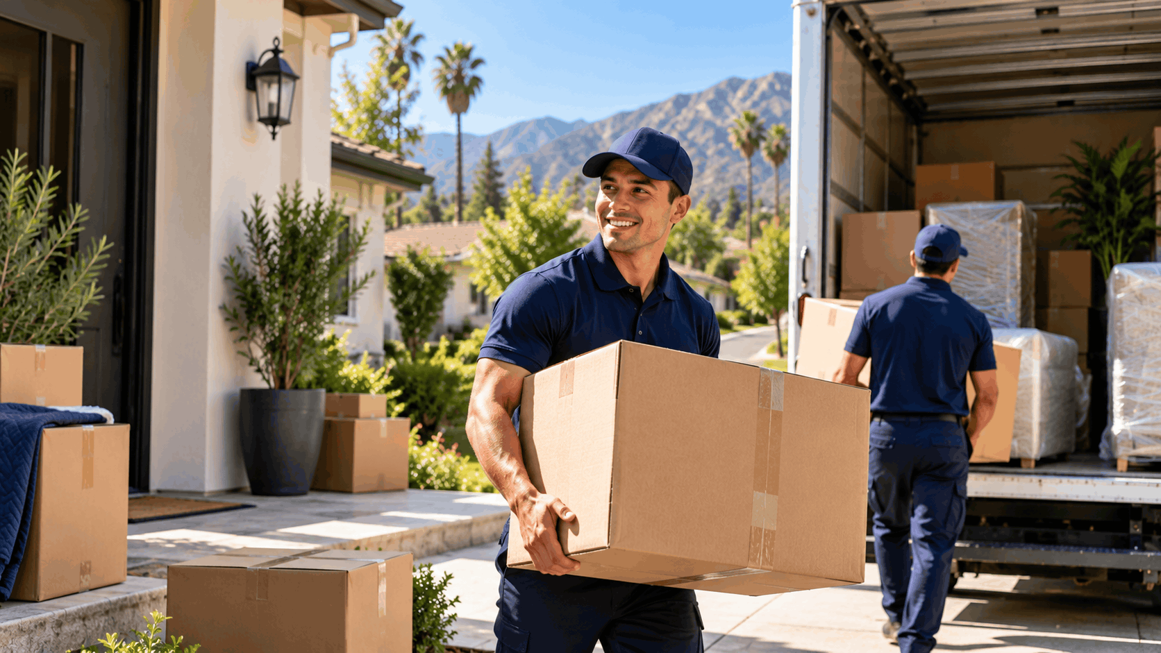 Smiling Pasadena movers in navy uniforms unloading cardboard boxes from moving truck