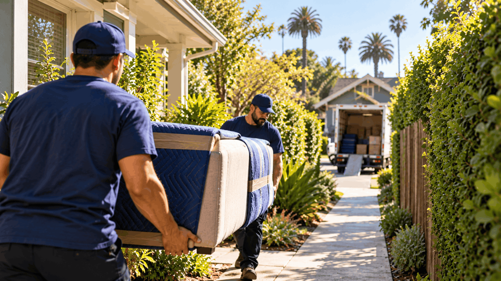 Two professional movers carrying wrapped furniture along narrow Los Angeles home pathway