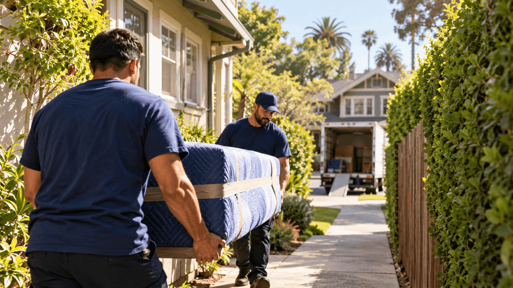 Two professional movers carrying wrapped mattress toward moving truck in Los Angeles neighborhood
