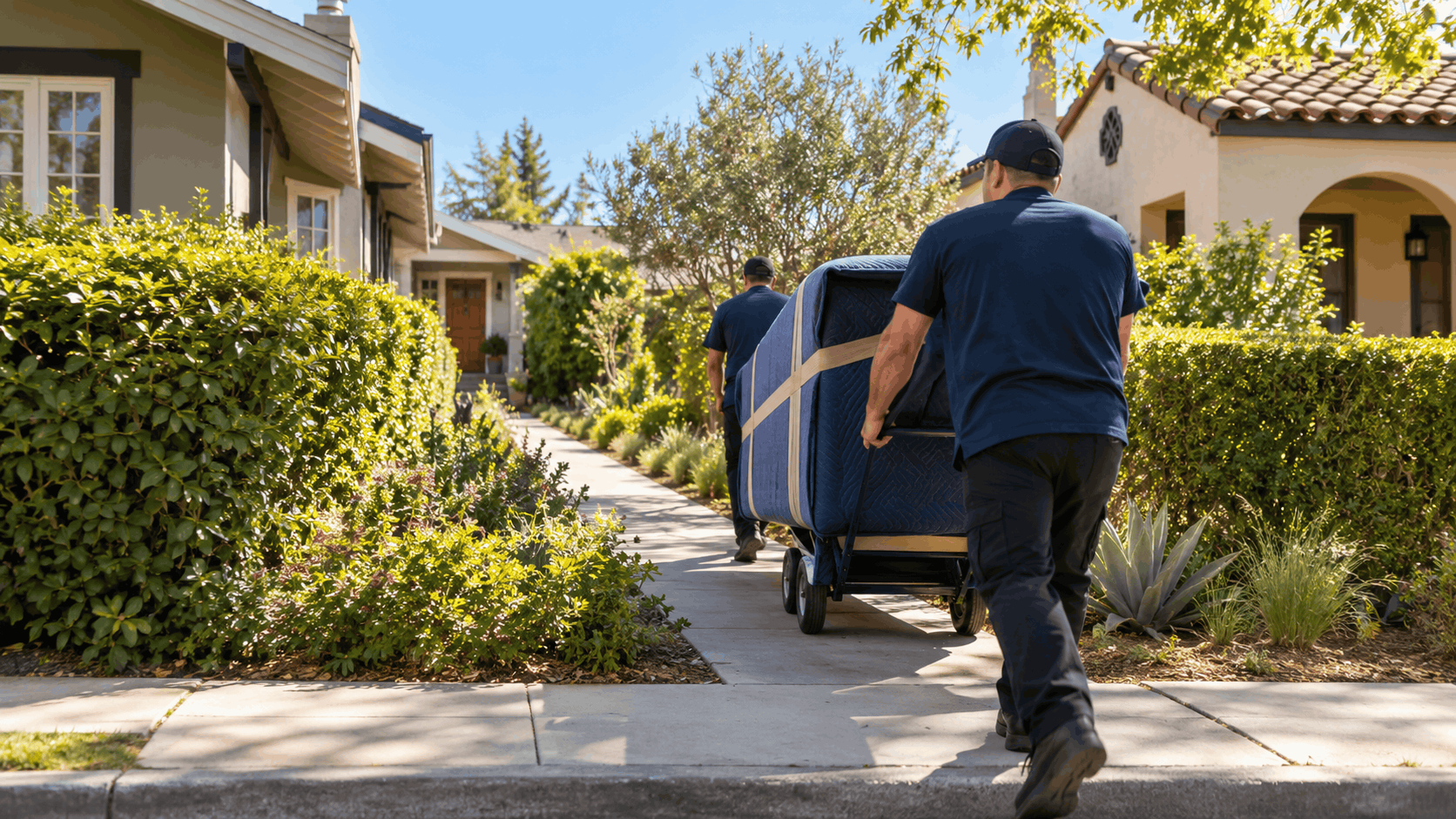 Two movers in navy uniforms carrying padded furniture along a residential sidewalk
