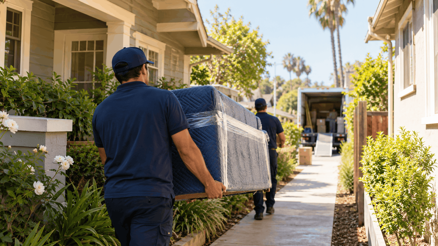 Two movers in navy uniforms carrying wrapped furniture toward Los Angeles moving truck