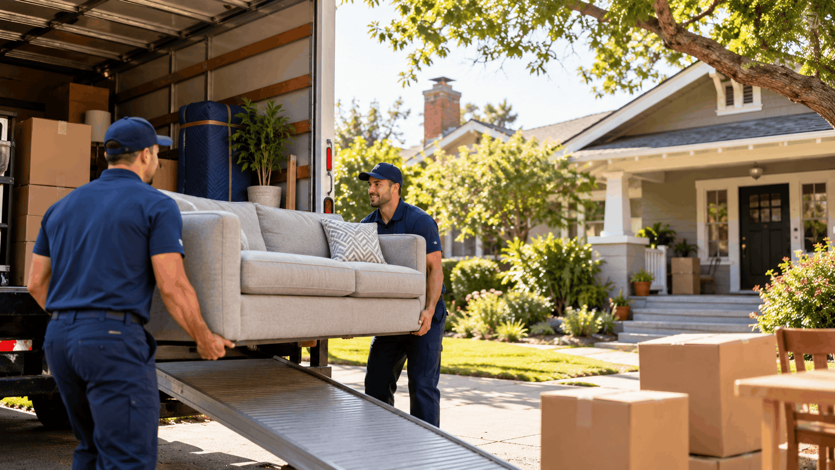 Two professional movers unloading a beige sofa from a moving truck outside a house