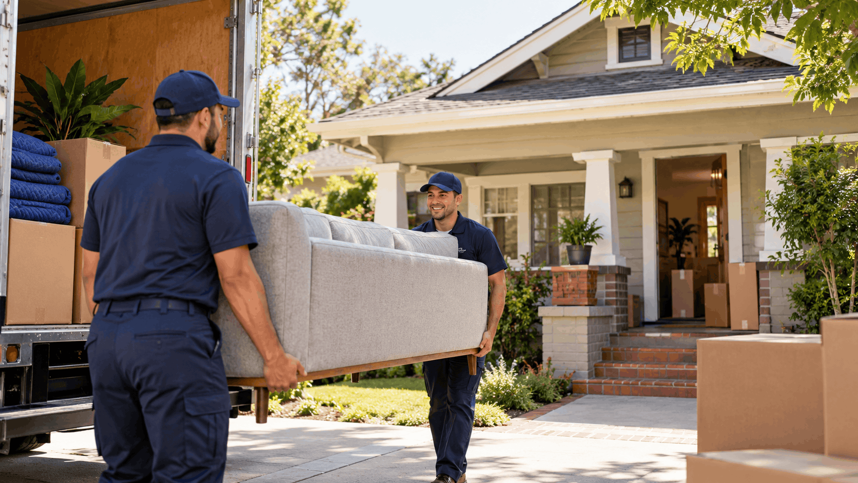 Two professional movers carrying gray sofa from moving truck to Pasadena home