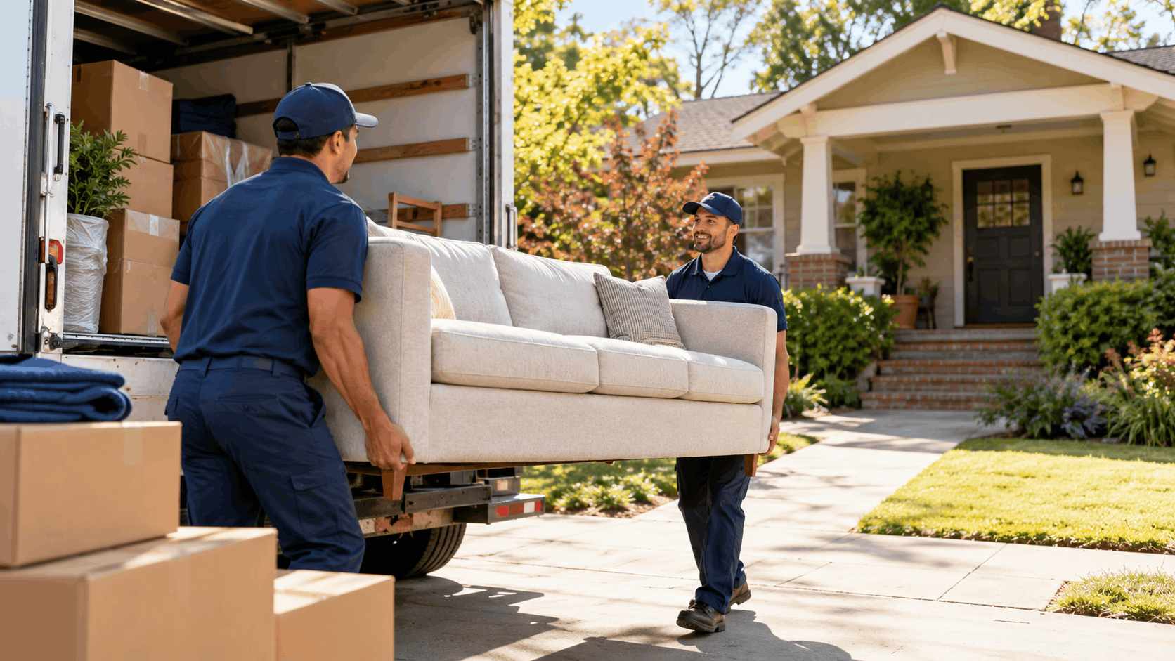 Two professional movers carefully carrying a cream sofa off a moving truck