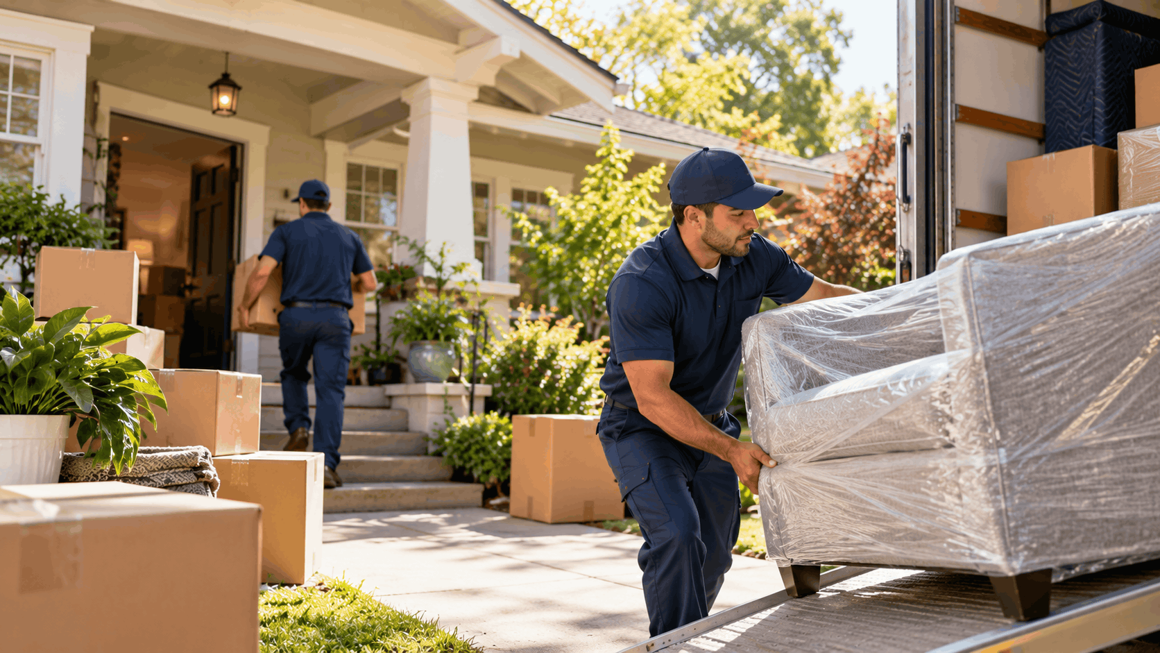Two professional movers unloading wrapped furniture and boxes from moving truck