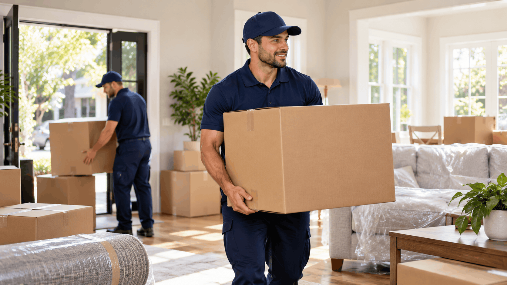 Two Popeye Moving and Storage movers carrying cardboard boxes inside Los Angeles home