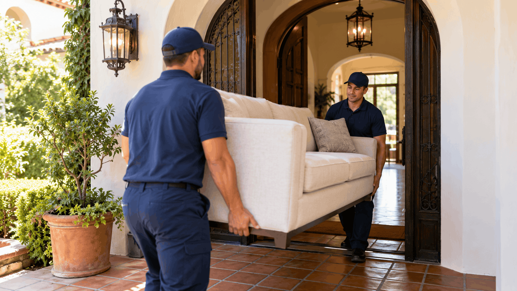 Two professional movers in navy uniforms carrying white sofa through elegant home entryway