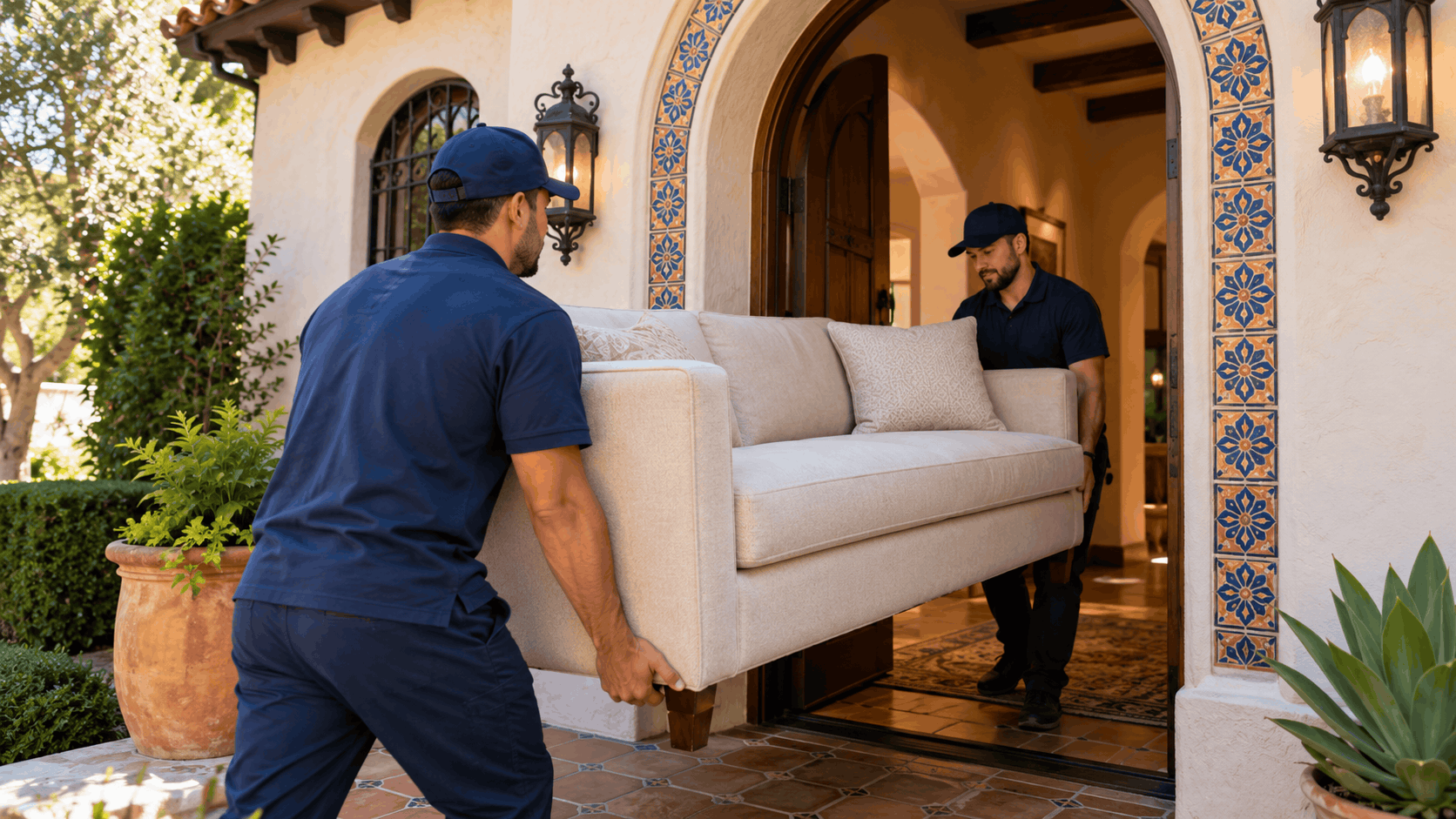 Two professional movers in blue uniforms carrying cream sofa through Spanish-style home entrance