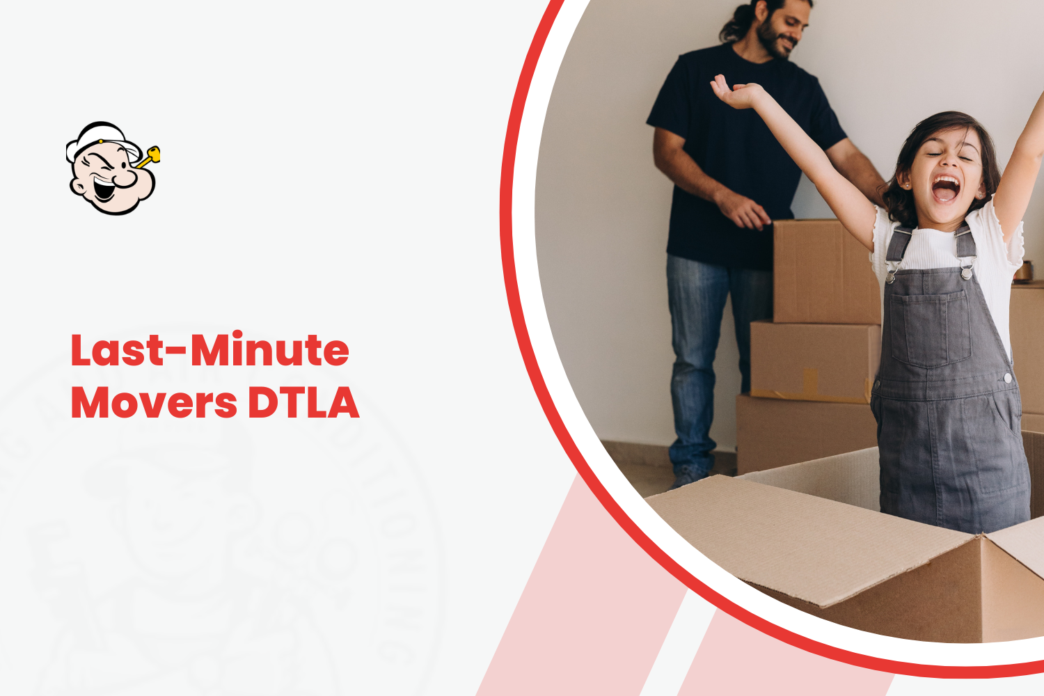 Excited girl jumping in cardboard box with father during last-minute DTLA move