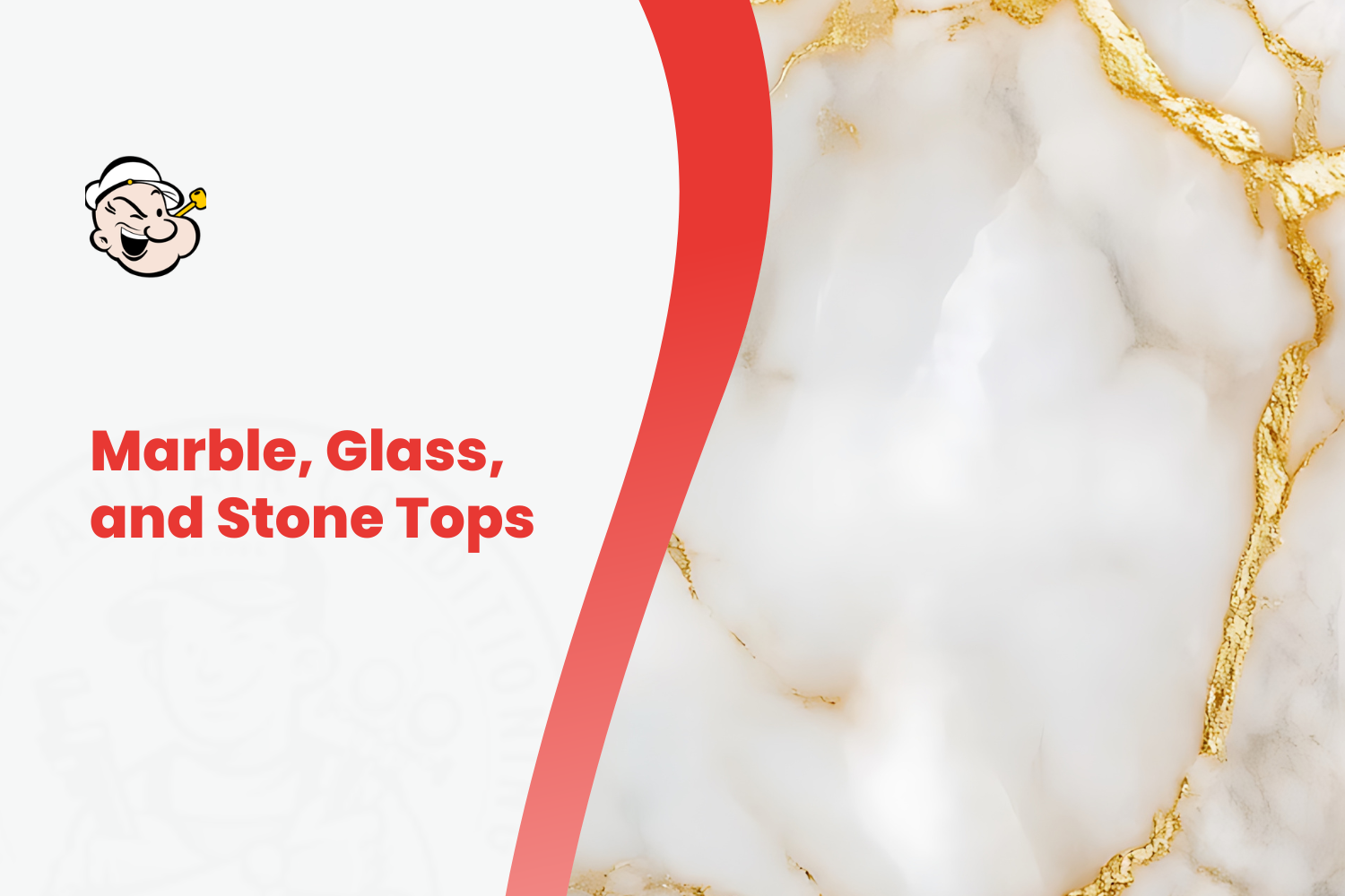 White and gold marble stone surface with Popeye logo and red text