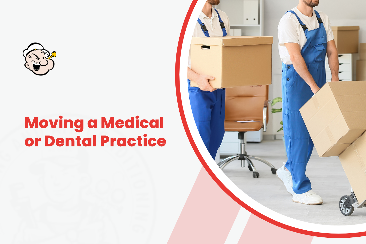 Two movers in blue overalls carrying cardboard boxes during a medical practice relocation