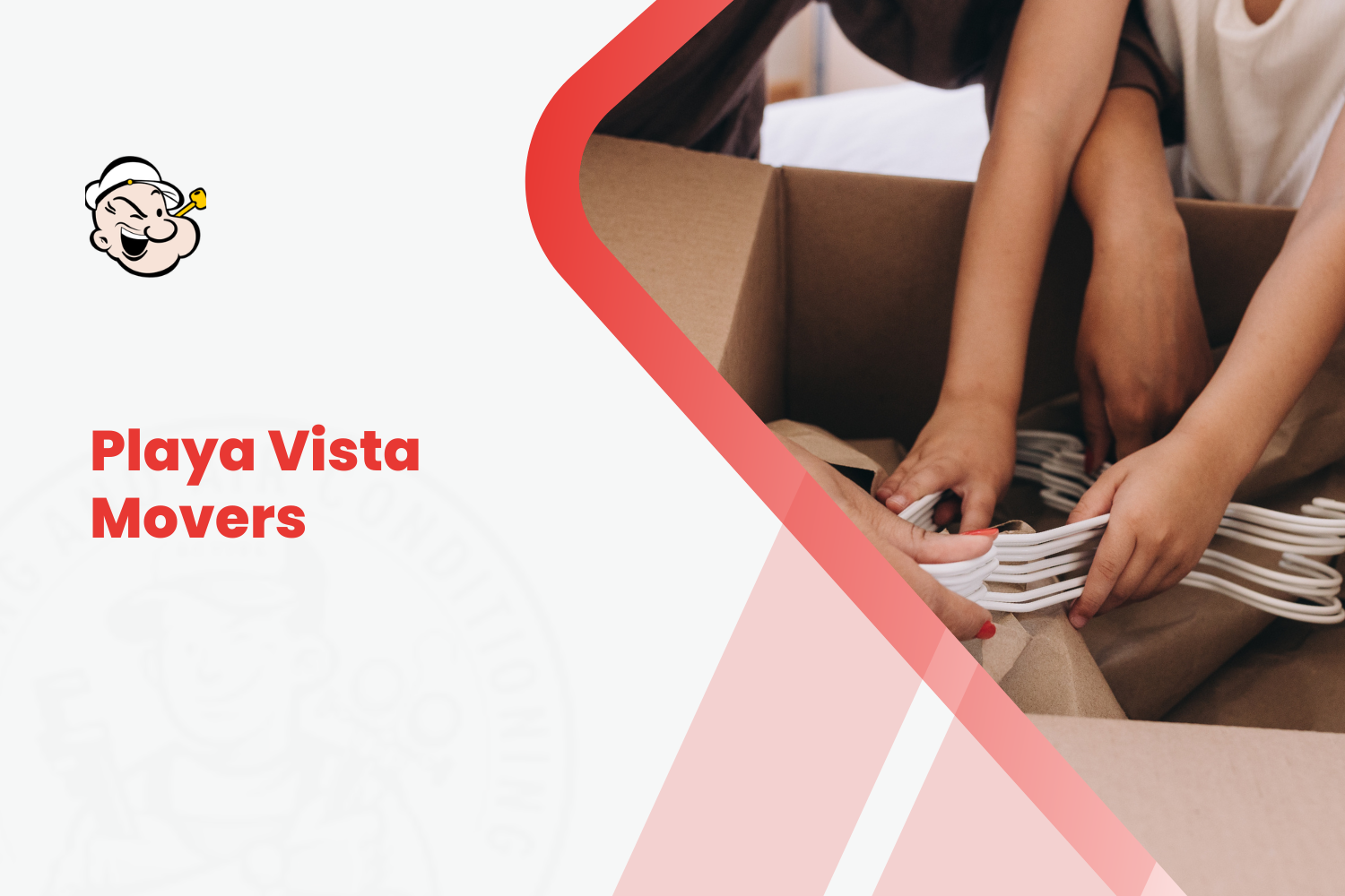 Playa Vista Movers logo with person packing white hangers into cardboard moving box