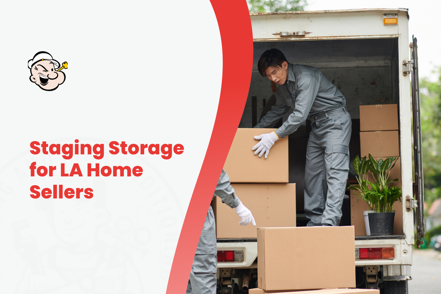 Two movers unloading cardboard boxes from a moving truck for home staging storage